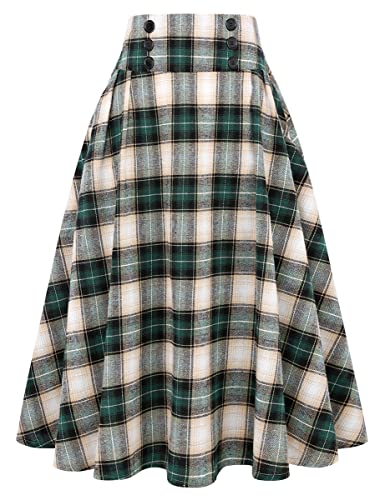 Midi Skirt for Women High Waisted Aline Office Work Business Ladies Fall Winter Long Green Plaid Pleated Skirt Fashion Outfits Clothes, Green 01, M