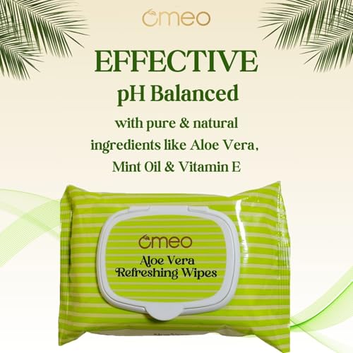 Image of Omeo Aloe Vera Refreshing & Hydrating Wet Wipes, 25N | Face Cleansing, Makeup Remover Wipes with Mint Oil & Vitamin E | Sulphate, Paraben & Alcohol Free - Women and Men