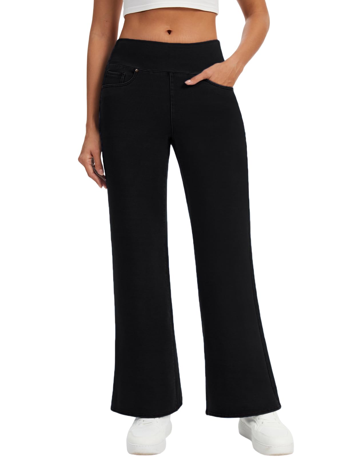 Amzdora Women’s High Waisted Jeans Pants Stretchy Pull On Bootcut Pants with Pockets Soft Wide Leg Casual Everyday Trousers