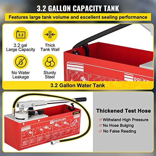 Image of VEVOR Hydrostatic Pressure Test Pump, Test Up to 60 bar /860 psi, 3.2 Gallon Tank, Hydraulic Manual Water Pressure Tester Kit w /Three-Unit Gauge & R 1 /2 inch Connection for Pipeline Fluid Pressure Testing