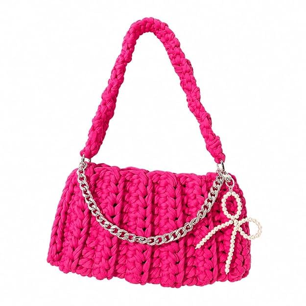 Boho Crochet T shirt Yarn Handbag for Women, Handmade Knit Shoulder Purse, Lightweight Summer Beach Tote Bag-picture-13