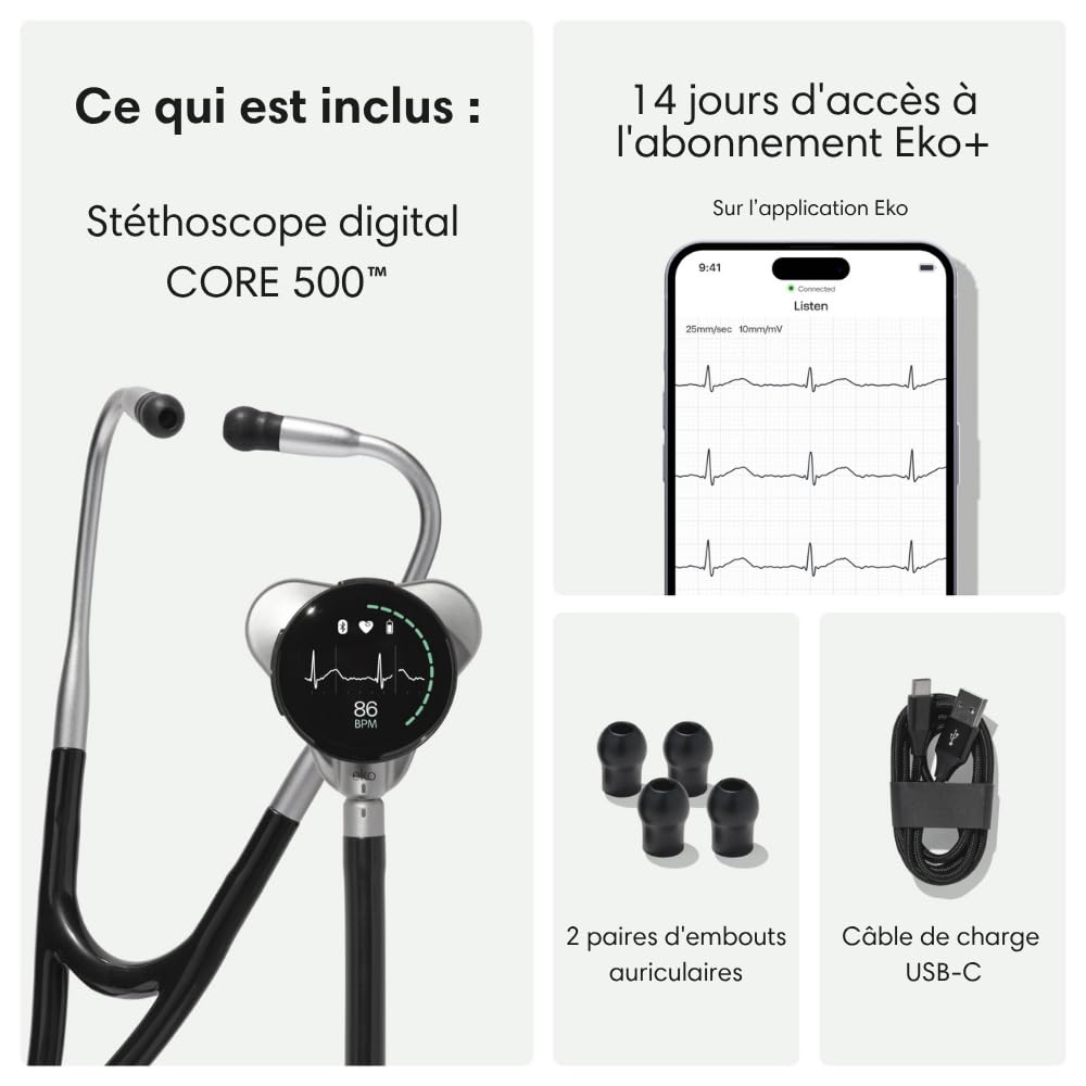 Stéthoscope numérique digital CORE 500™ - Amplification x40, suppression active du bruit, ECG à 3 dérivations, IA certifiée par la FDA avec Eko+, affichage couleur