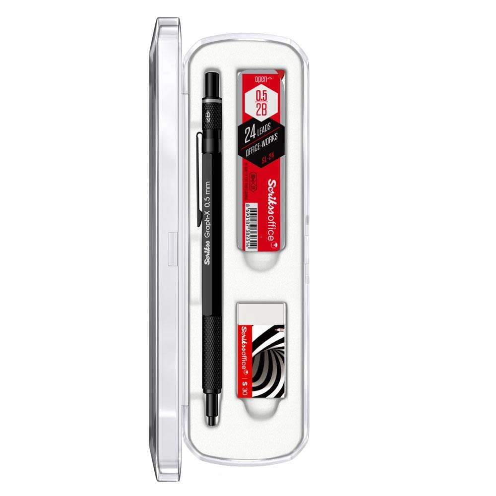 SCRIKSS - Ołówek mechaniczny - Graph-X + Scrikss Tube 2B ołówek + gumka do wycierania (czarny, 0,5 mm)