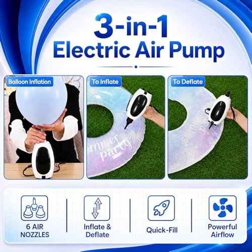 Image of Togvu Electric Balloon Pump, 3-in-1 Portable Air Pump for Inflatables and Balloons, Dual Nozzle Balloon Blower Machine for Latex 260q Foil Balloons 110V Inflator Deflator for Pool Floats Air Mattress