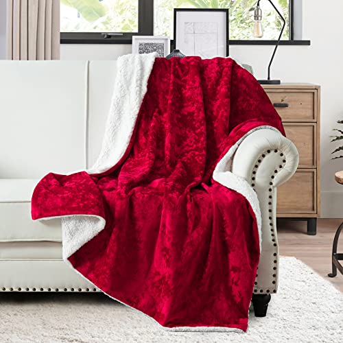 Luxury Crushed Velvet Sherpa Fleece Throw Blanket, Reversible Soft Thick Warm Plush Throw Fuzzy Blanket For Sofa, Couch And Bed, Travel, 50"X60", Red #TOP15