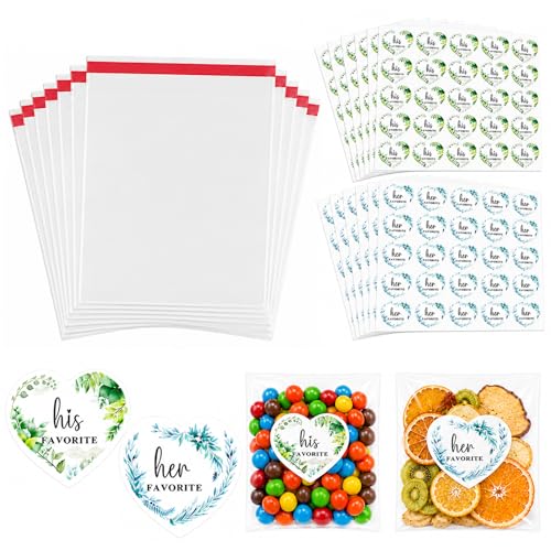 Lacebloma 300 Sets His and Her Favorite Wedding Favor Bags 5 x 6 Inch Clear Self Sealing Cellophane Candy Bags with Stickers Treat Bags for Wedding Welcome Bags Bridal Shower Party Favors