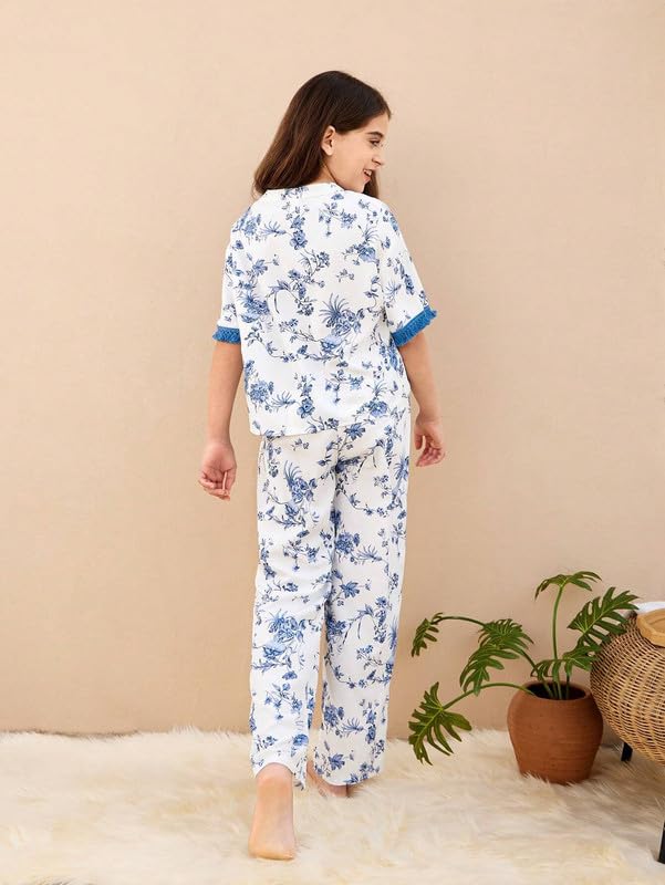 Image of Night Dress for Kids Girls, Button-Down Pajama Set Night Dress, Long Sleeve Top and Pants with Ruffle Trim, Textured Cotton Sleepwear for Lounging