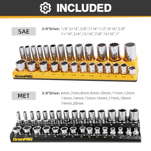 Image of Socket Organizer, GRENPRO Socket Holder Set, 2 Piece SAE & Metric Socket Trays Includes 3 /8 inch Drive Holds 52 Sockets