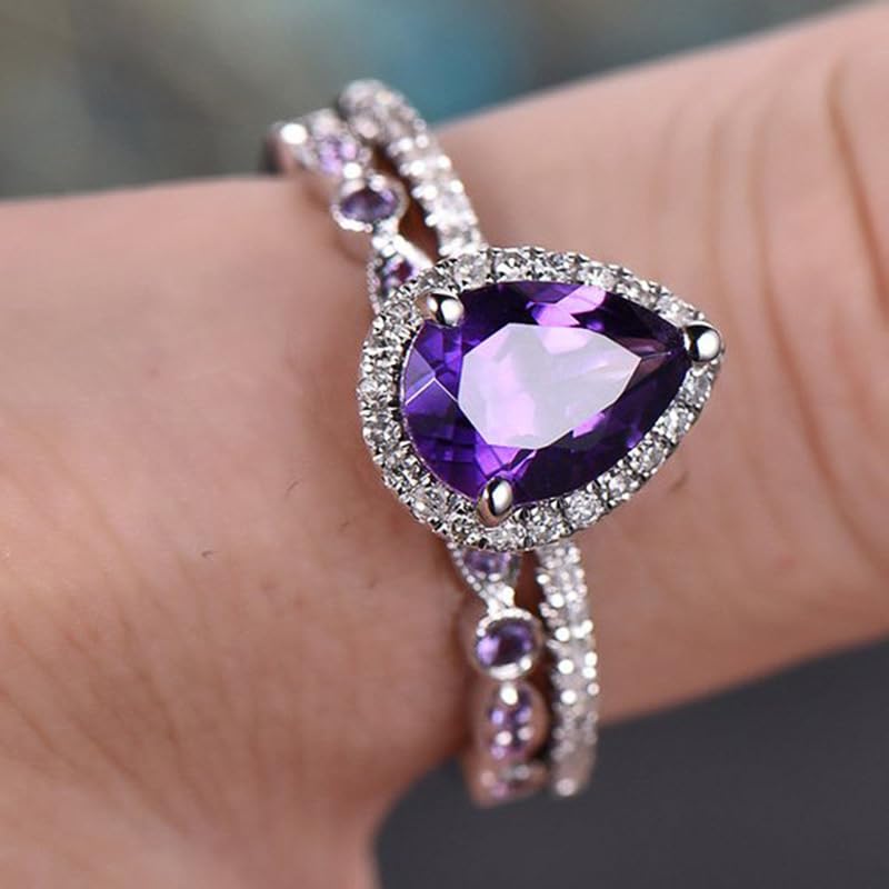 A Set Of Purple Elegant Water Droplet Zirconia Ring For Women Exquisite Light Luxury Rings Ladies Fine Jewelry Daily Life Dating Decor For Wedding