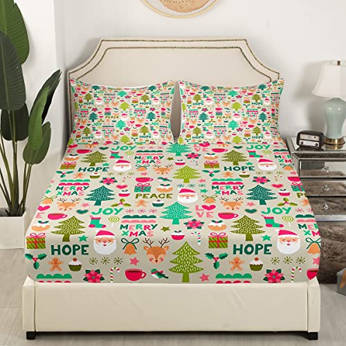Juego de sábanas bajeras de Feliz Navidad, tamaño King, juego de ropa de cama de Papá Noel, bonitos pinos de Navidad, ultrasuave, transpirable, 3 piezas para adolescentes y adultos, regalo de Navidad,