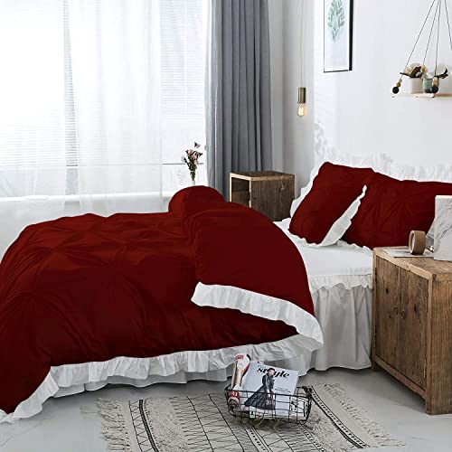 Image of 300 TC Pinch Ruffle 2 Tone Duvet /Razai /Blanket Cover with 2 Pillow Cover- 100% Cotton (Zipper Closure) Razai Cover 3 PC Set, Soft & Lightweight-Single Size White /Burgundy