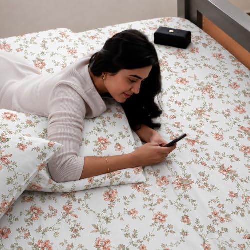 Image of Jaipur Weaves Cotton Linen Feel King Size Bedsheet 108x108 Super King, 100% Pure Cotton Bed Sheet with 2 Pillow Covers, 300 TC Soft Breathable Floral Design Bedding -(Vintage Red, Super King)
