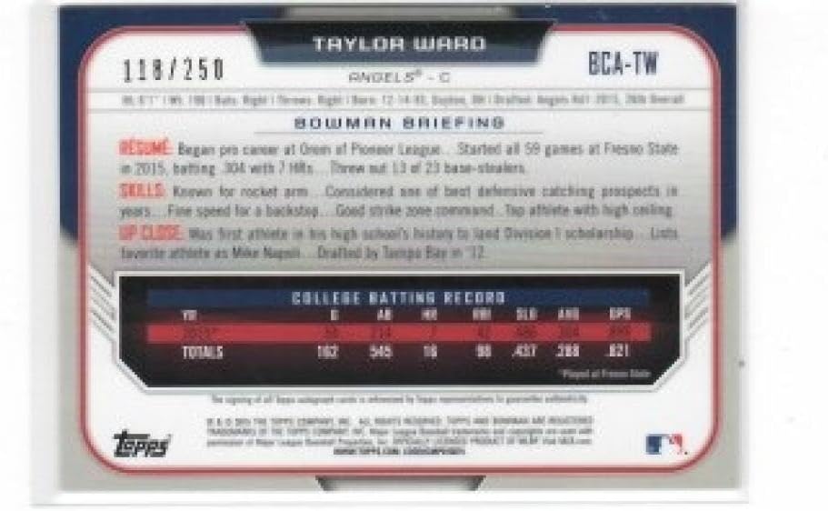2015 Bowman Draft Chrome Draft Pick Prospect Autographs Purple Refractor #BCA-TW Taylor Ward Los Angeles Angels MLB Baseball Card (Autographed) /250 NM-MT