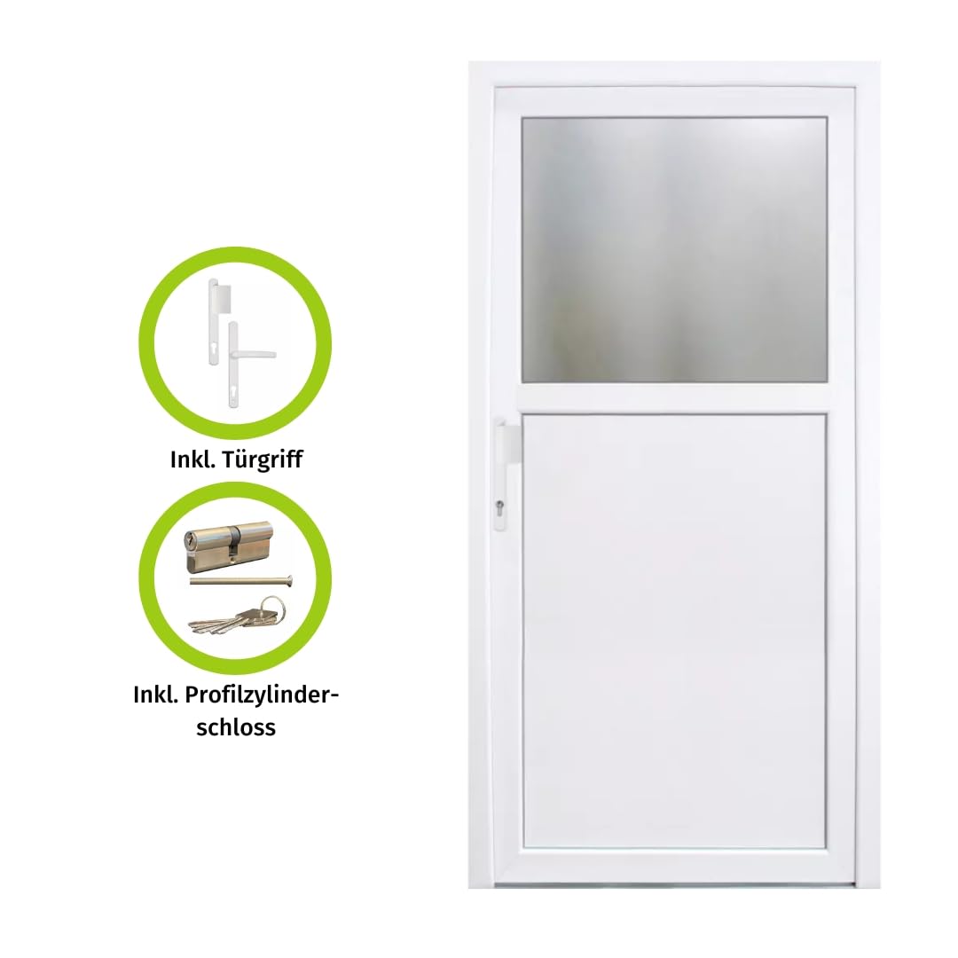 HORI Kellertür Haustür aus Kunststoff Nebeneingangstür Komplettset Hauseingangstür weiß/anthrazit - Farbe: weiß - DIN links - Modell: Knauff - 210 x 110 cm