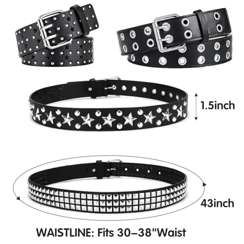 4 Pieces Studded Belt Set,Black Faux Leather Gothic Goth Belt for Women Men,Punk Rivet Belts with Star,Stud,Spiked,Double Grommet2