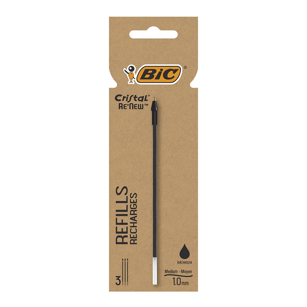 Re'New 3 Refills for BIC Crystal Ballpoint Pen Medium Tip Black Ink
