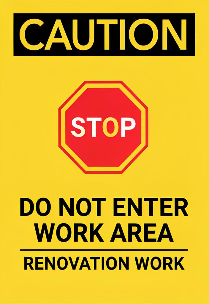 peiyeety Caution Stop DoEnter Work Area Tin Sign 12x8 Inch, Yellow Safety Warning Metal Wall Decor for Renovation Zone, Garage Workshop Construction Site Door Sign, Home Office Gift