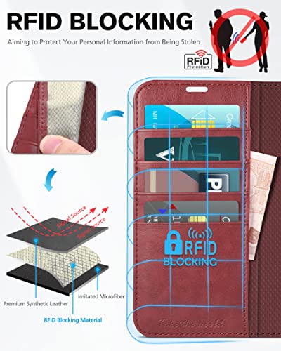 Tucch Case Wallet For Iphone 14, [Rfid Blocking] Pu Leather Stand Folio Cover With 4 Card Slots [Tpu Protective Interior Shell], Magnetic Flip Case Compatible With Iphone 14 5G 6.1-Inch, Dark Red #TOP2