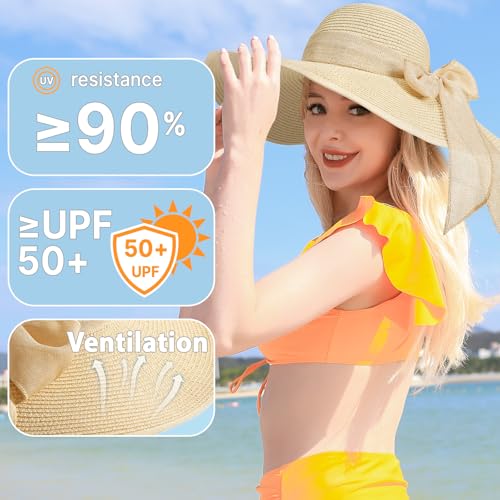 Image of Beach Sun Straw Hats for Women, Wide Brim UPF 50+ UV Sun Protection Summer Straw Hat Packable Foldable Roll up Cap
