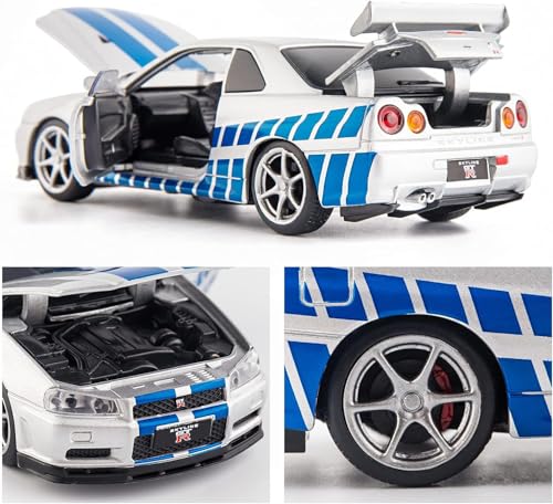 Image of Alokik Enterprise 1:24 Nissan GTR Skyline R34 Diecast Metal Pull Back Car with 6 Openable Doors with Sound and Light Toy Decoration car Best Gift Toys for Kids 【Colors as Per Stock】