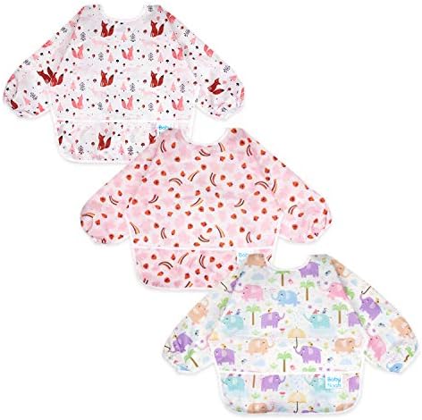 3 Pcs Long Sleeved Bib Set | Baby Waterproof Bibs with Pocket Bundle | Toddler Bib with Sleeves and Crumb Catcher | Stain and Odor Resistance Play Smock Apron - Pack of 3 | 6-24 Months