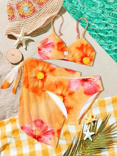 Image of RoseSeek Girls 3 Piece Bikini Set with Beach Skirt Floral Leopard O-Ring Padded Swimsuit for Teen Girls