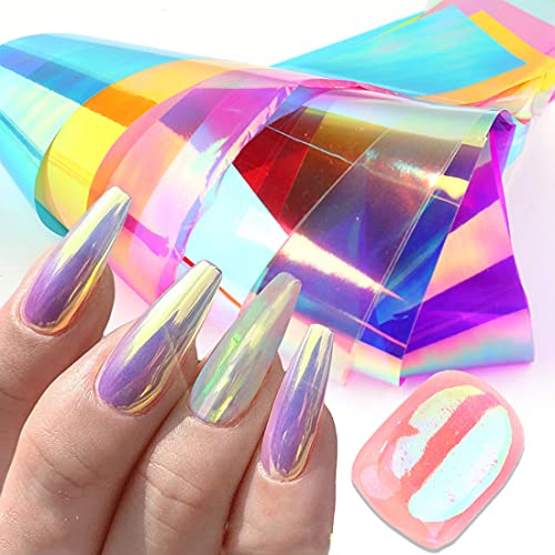 8 Sheets Gradient Aurora Glass Paper Nail Art Sticker 3D Holographic Aurora Glass Reflective Mirror Shard Effect Rainbow Thin Iridescent Cellophane Films Foils DIY Nail Art Decoration