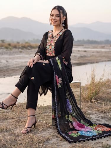 Image of INDO ERA Women's Silk Blend Embroidered Thread Work Kurta & Pant with Dupatta Set