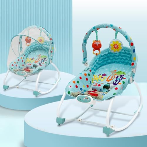 Image of INFANTSO Baby Rocker & Bouncer for 0 to 2 Years, Portable Chair for Newborn with Mosquito Net, Calming Vibrations, Soft Music & Hanging Toys, Adjustable Toddler Swing (Blue)