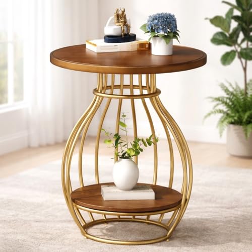 Image of Al Hama 2 Tier Coffee Table: Minimalist Nordic Style White Elegant Round Tables Tea Table Sturdy Metal Frame Corner Table Bedroom Bedside Table (Gold Brown)