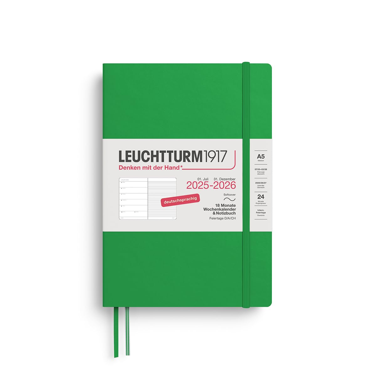 LEUCHTTURM1917 372624 Wochenkalender & Notizbuch Medium (A5) 2026, 18 Monate 07.2025-12.2026, Softcover, Spring Leaf, Deutsch