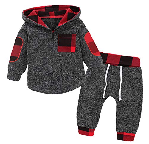 Infant Toddler Baby Boys Girls Clothes Hoodie Outfit Classic Plaid Sweatshirt + Pants Clothes Set Kids (Gray, 0-6 Months)