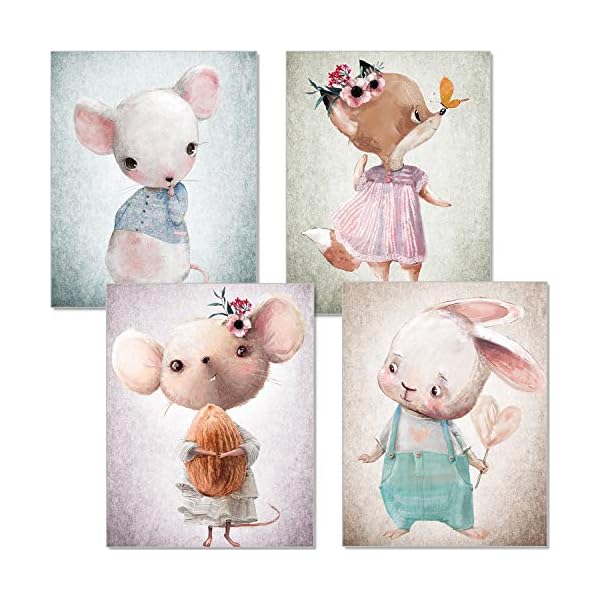 artpin® 4er Set Bilder Kinderzimmer - A4 Poster Babyzimmer - Maus Fuchs Hase pastellfarben Deko Mädchen Junge P56