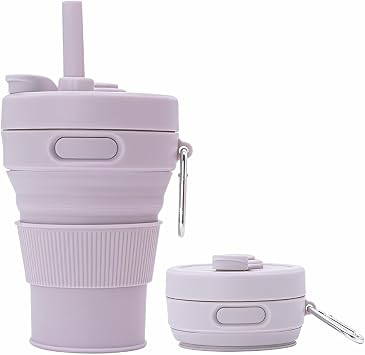 Silicone Coffee Mug Collapsible Cups for Camping Folding Travel with Straw Reusable Portable Drinking Cups Outdoor Hiking 450ml Purple-450ml, 1