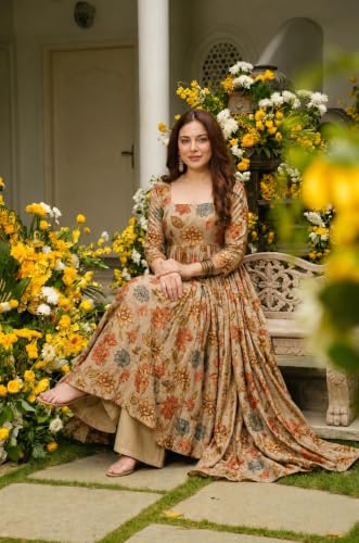 Image of ANNI Designer Kurta Set for Women Viscose Blend Printed | Kurti Set for Woman | Umbrella Kurta Palazzo Dupatta 3 Piece Outfit | Square Neck 3 /4 Sleeve Regular Fit Ethnic Dress Stylish Clothing