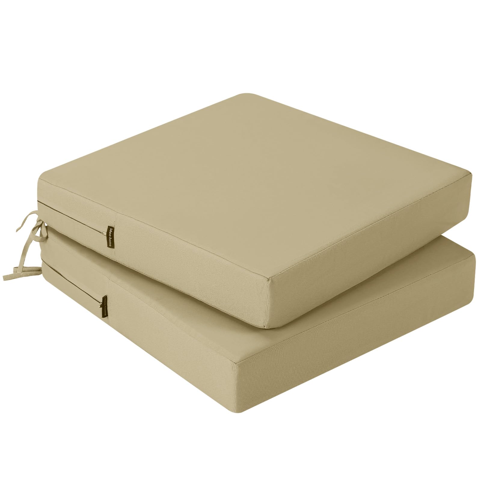 PRIMEPATIO Outdoor Chair Seat Cushions Set of 2, Thick 7cm, Rattan Garden Waterproof Cushions for Outdoor Furniture with Ties, Patio Dining Chair Pads, 50 x 50cm, Light Khaki