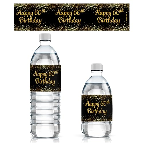 Black and Gold 60th Birthday Party Water Bottle Labels - 24 Stickers, 60th Birthday Decorations