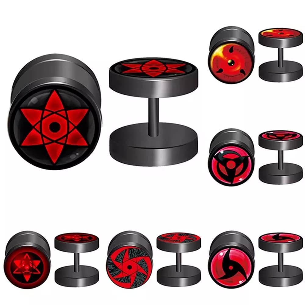 CHICNET Fake Plug Piercing Ohrstecker Ohrring Edelstahl schwarz rot, Schraubverschluss, 10mm rund, Stift 6mm x 1.2mm, Sharingan Auge Naruto Anime Manga Cosplay Damen Herren