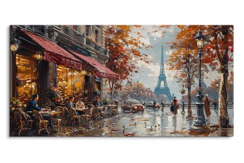 Paul Sinus Tableau mural 120 x 60 cm - Romantique Paris, ambiance café et tour Eiffel