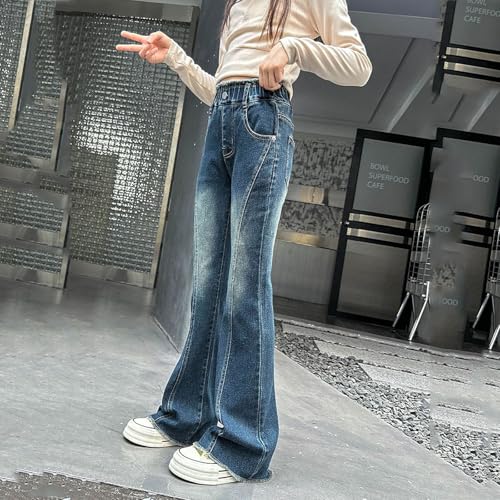 Trendy Girls Pants Stylish Casual Wide Leg Denim Jeans with Elastic Waist and Pockets for Everyday Wear2