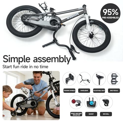 Image of WinHope 12-18 Inch Kids Bike with Light up Training Wheels for Boys Girls | Dual Brake Bicycle with Basket Adjustable Seat Water Bottle for Summer Riding Birthday Gift for Toddler 2-9 Years