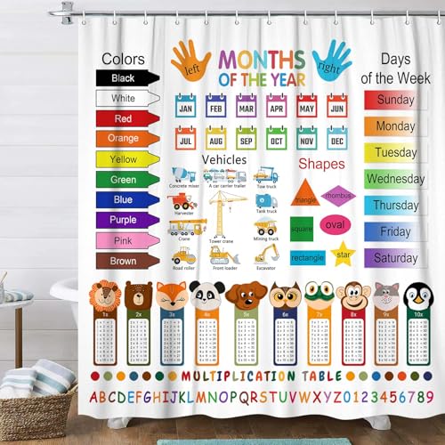 Image of Funny Kids Shower Curtain, ABC Educational Restroom Curtain with Vehicle Smathematical Knowledge for Boys Girls, Gute Pupil Students Learning Tools Cloth Fabric Bathroom Accessories Decor with Hooks