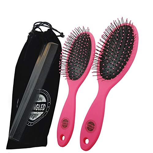TANGLED 2-Pack Detangling Hair Brush (Pink) with MICROFIBER BAG and COMB