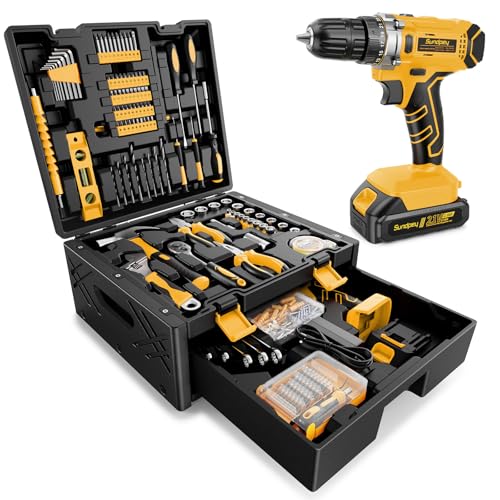 Image of Sundpey 267-Piece Tool Kit with Drill - Basic General Home Complete Repair Portable Tool Set with 21V Cordless Drill & 2.0Ah Battery & Charger in Drawer Storage Toolbox for Apartment Office Garage