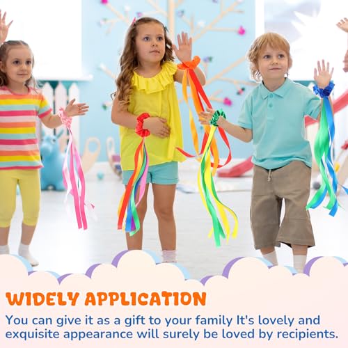 Image of VioraWhite 6 Pcs Rainbow Dance Ribbons for Kids Rainbow Rhythm Ribbons Elastic Wrist Streamers Hand Held Rhythm Streamers Gymnastics Dance Party Props for Adult Decor (0.8 x 19.7 Inch,Multicolor)