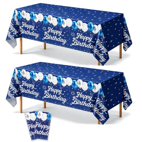 Image of 2 Pack Blue and Silver Happy Birthday Tablecloths, 54 x 108 Inch Covers | Blue and Silver Birthday Party Decorations for Boys, Teens and Men, Ideal for Cake, Dessert, Gift and Buffet Tables