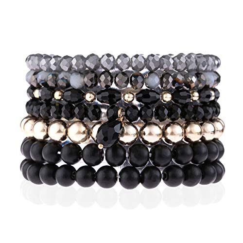Image of RIAH FASHION Bohemian Multi-Layer Beaded Stacking Statement Bracelets - Versatile Stretch Strand Wood Beads Wrap Slip-on Cuff Bangle Set
