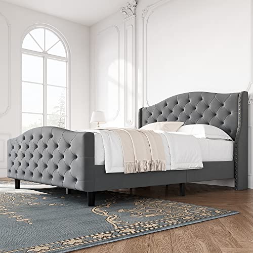 Idealhouse Modern Upholstered Queen Bed Frame,Button Tufted Headboard And Footboard Design Solid Wooden Slat Support Easy Assembly,Grey (Queen) #TOP2