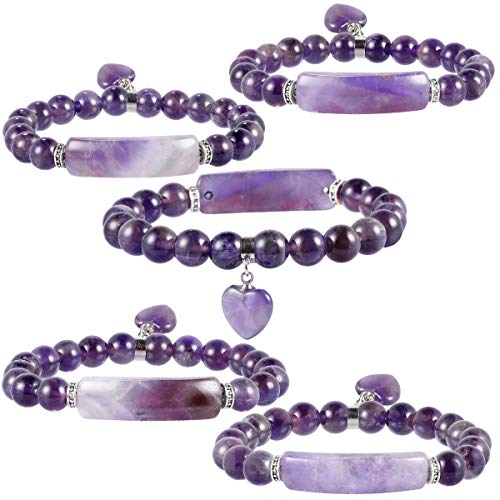 Nupuyai 8Mm Amethyst Stretch Bracelets For Unisex, Healing Stone Bracelet With Dangle Heart Charm 7" #TOP3