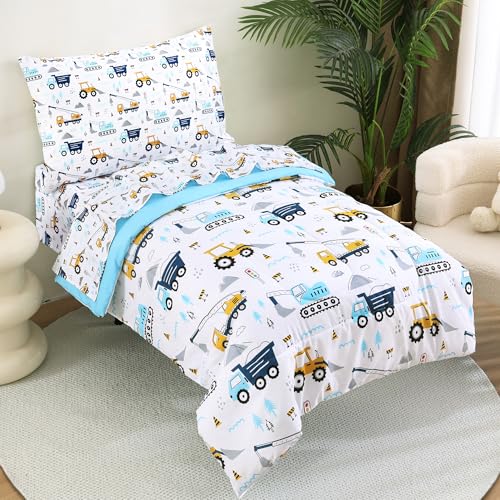 Image of Lasoftan Cars Toddler Bedding Set, 4-Piece Bed-in-a-Bag Comforter Set for Boys, Construction Truck Bedding, Machine Washable